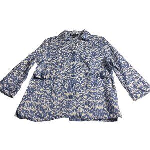 Carole Little L Blue & White Abstract Print 100% Linen Button-Up Jacket buckle